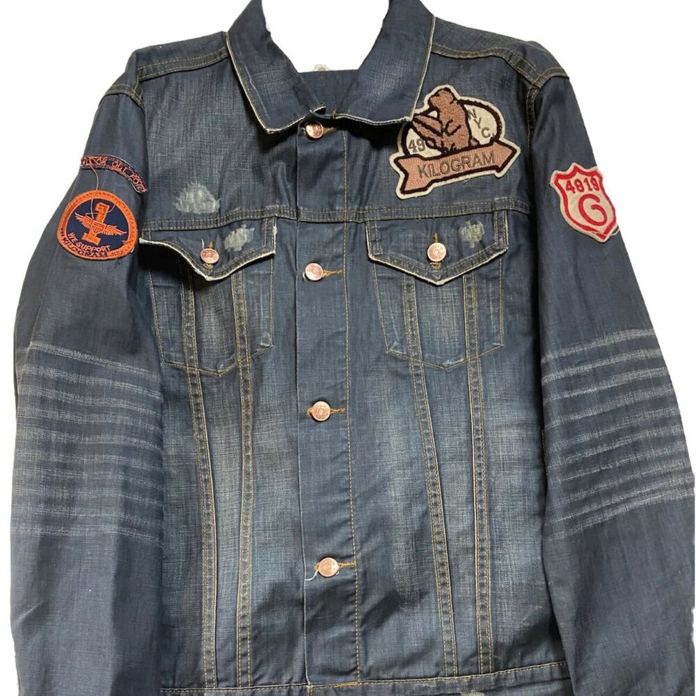 Kilogram Jean Jacket-Blue Denim-Patches-Grunge-Hip Hop-Punk-Y2K- Men’s Large